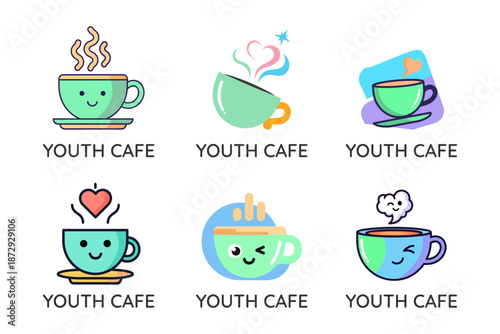 Youth Cafe Logo Set, Cute Coffee Cup Character Collection with Smile and Heart, Kawaii Beverage Branding for Coffee Shop, Bakery, and Tea House