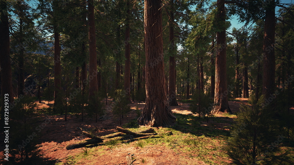 Fototapeta premium Sunlight filters through the tall trees, casting gentle shadows on the forest floor. A sense of calm surrounds the vibrant greenery, inviting discovery and tranquility.