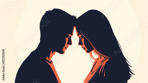 Silhouettes of a man and woman with heads touching, symbolizing intimacy, connection, love, and emotional closeness in a relationship.