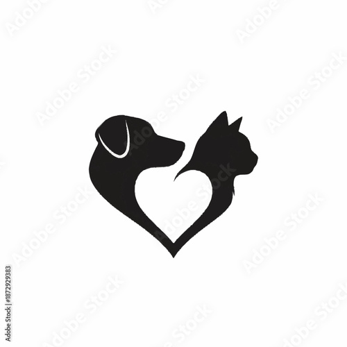 Heart Shaped Silhouette of Dog and Cat Heads Together.