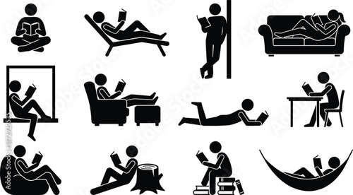 Set of People Reading Books in Different Poses and Places Stick Figure Icons Isolated on White Background for Education Design