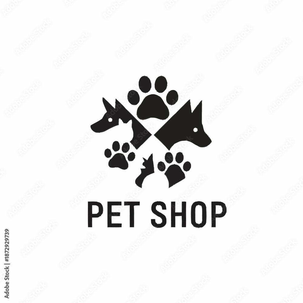 Fototapeta premium Pet Shop Logo with Dog and Cat Silhouettes and Paw Prints.