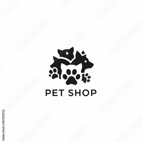Pet Shop Logo with Animal Silhouettes and Paw Print.