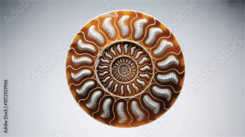 Ammonite fossil shell with spiral chambers and septa visible
