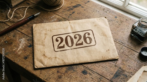 An old wooden calendar rests near a textured paper letter and a red ribbon tag, creating a business communication concept on a wood board with a kitchen knife symbol