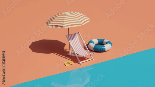 Beach chair with umbrella and inflatable ring by swimming pool