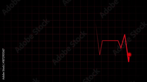 Cardiogram recording animation with red ECG waveform and glowing signal point on dark grid background. Medical heartbeat monitor visualization for healthcare technology, clinical diagnostics, and digi