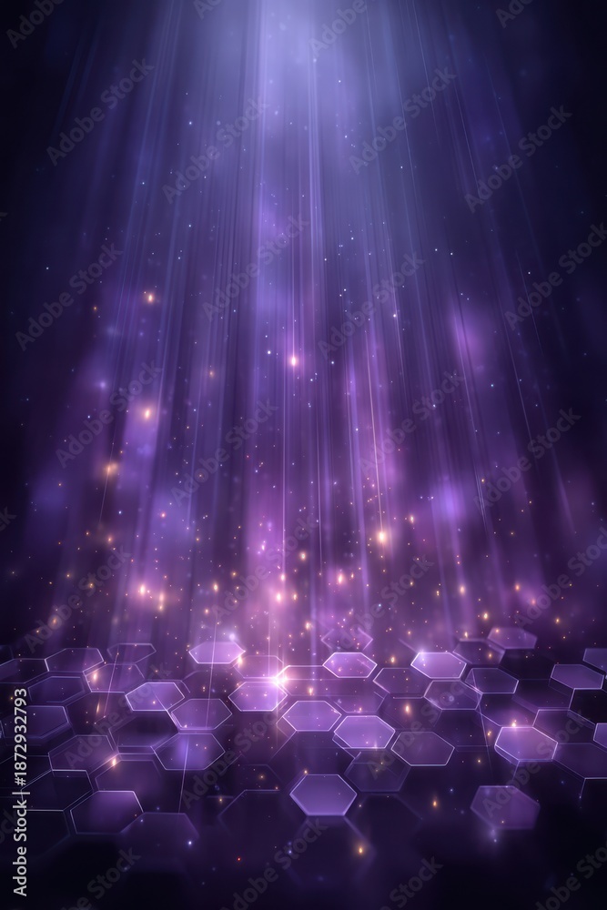 Fototapeta premium Purple light beams and hexagon grid create a futuristic cyber tech background for visuals