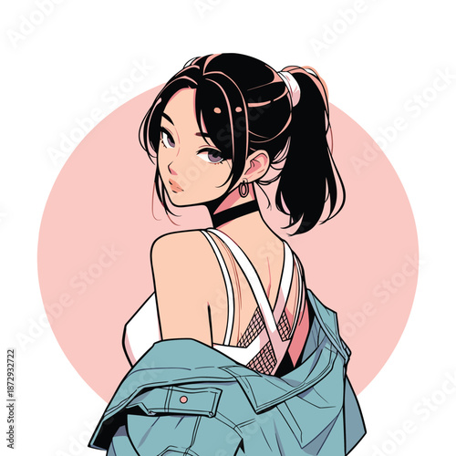 Wallpaper Mural Stylish Anime Girl with Ponytail and Denim Jacket Torontodigital.ca