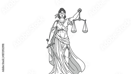 Classic black and white line art illustration of Lady Justice, blindfolded and holding the scales of justice and a sword.