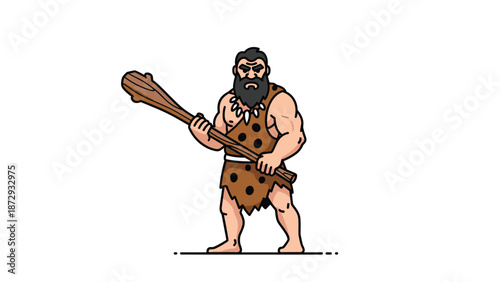 Muscular and bearded caveman character in animal skin clothing, holding a large wooden club with a fierce expression on his face.