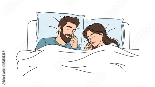 A young, happy couple with a bearded man and a woman sleeping peacefully together in a cozy bed under a white blanket.