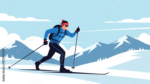 Man cross-country skiing in a snowy mountain landscape, representing winter sports, adventure, and an active outdoor lifestyle.