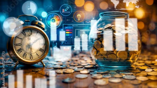 Personal finance savings growth with clock coins and deposit jar supported by digital analytics dashboards for long term investment planning