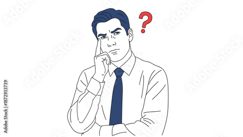A thoughtful businessman in a shirt and tie with a question mark, touching his temple as he contemplates a problem or idea.