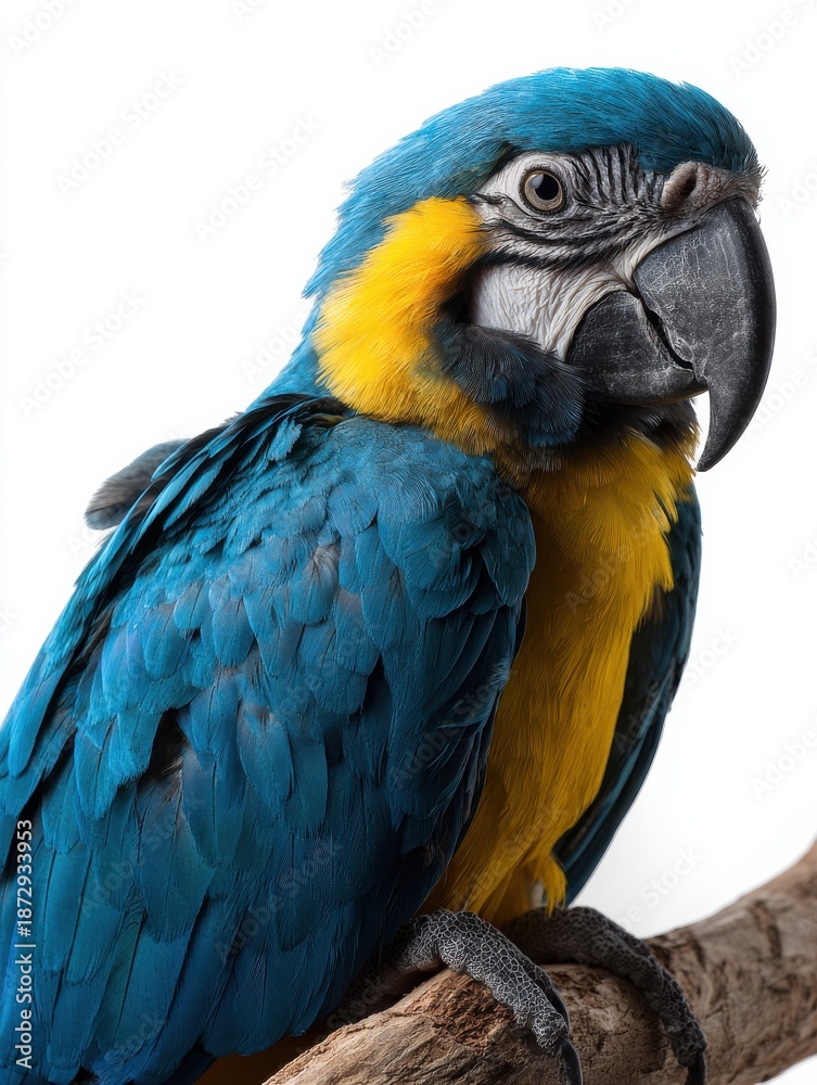 Obraz premium A blue and yellow parrot is perched on a branch