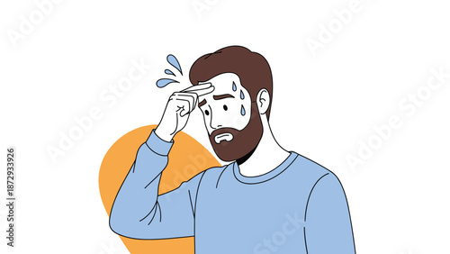 Anxious bearded man sweating and wiping his forehead, looking worried and stressed due to a difficult situation, fever, or fear.