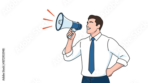Businessman in a shirt and tie making an announcement, shouting happily into a megaphone to share important news or a promotion.