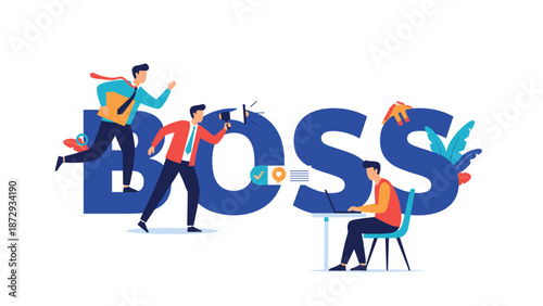 Business concept with the word BOSS and small cartoon characters of a manager shouting and employees working and running.
