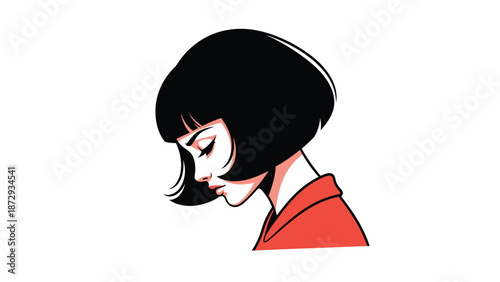 Stylish portrait illustration of a beautiful young woman with short black bob hair, looking down with a thoughtful or sad expression.