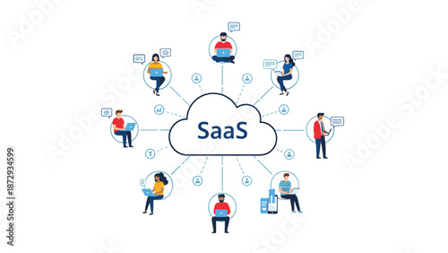 Conceptual illustration of Software as a Service (SaaS) technology with a central cloud connecting diverse remote users.
