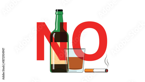 Vector illustration with the word NO over a bottle of alcohol and a cigarette, symbolizing the rejection of bad habits.