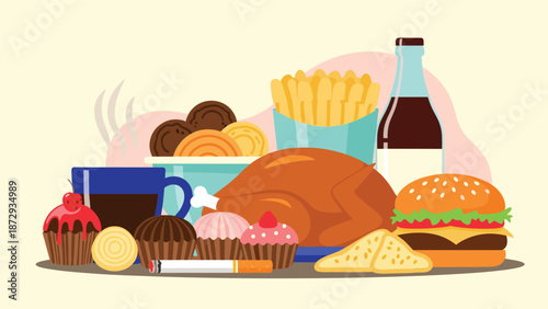 Collection of unhealthy junk food and bad habits including fast food, sugary sweets, soda, coffee, and a cigarette.