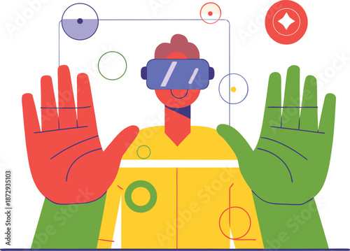 Virtual Reality Gesture Control Technology Concept with Smart Glasses Flat Vector Illustration