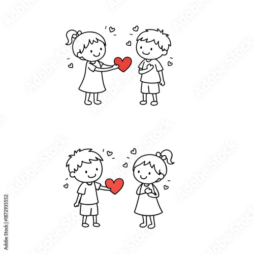 Set of line art illustrations showing children exchanging a heart symbol. Simple black outline drawings isolated on transparent background, suitable for Valentine’s Day, love, friendship and family
