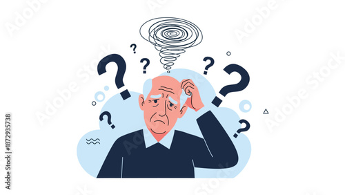 Confused elderly man with question marks and a chaotic swirl over his head, symbolizing memory loss, dementia, or Alzheimer's.
