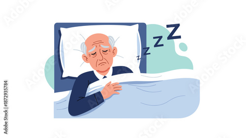 Elderly man lying in bed with a worried expression, suffering from insomnia or sleep disorder despite being tired.