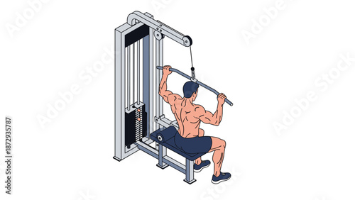 Muscular man performing a lat pulldown exercise on a cable machine at the gym to build back and shoulder strength.