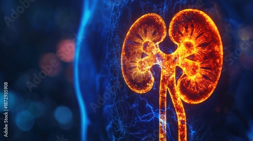 A glowing, fiery kidney against a dark, blue background.