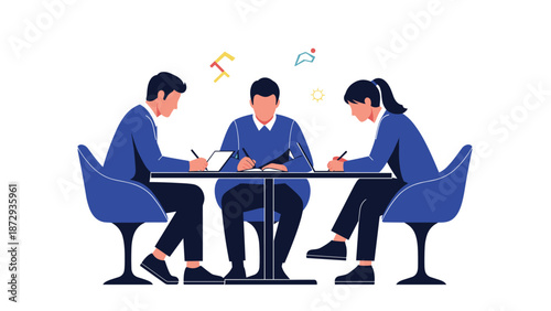 Team of business professionals sitting at a table during a meeting, collaborating and signing contracts or documents.