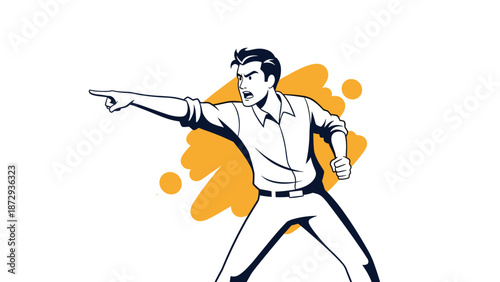 Angry man pointing his finger in accusation, shouting and expressing blame, conflict, or strong disagreement in an argument.