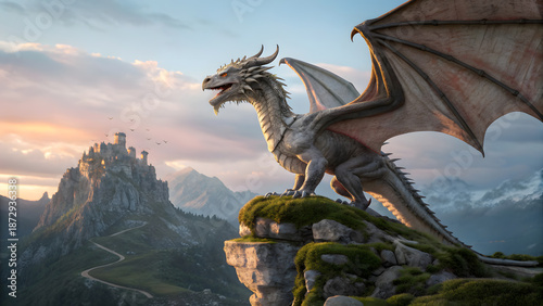 A massive dragon stands perched upon a rocky cliff overlooking a distant medieval castle under soft sunset golden hour light.