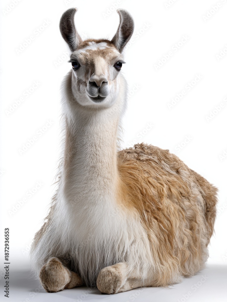 Obraz premium A large brown and white llama is laying down on a white background