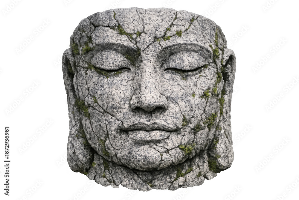 Obraz premium Stone buddha head with moss and cracks symbolizing meditation, spirituality, and ancient wisdom on transparent background