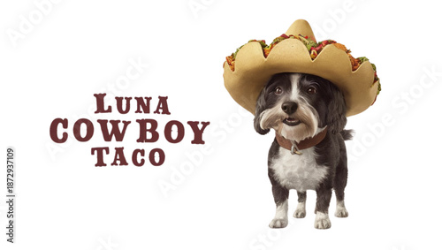Funny Cowboy Taco Dog Luna Wearing Hat with Mustache on White Background Illustration