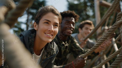 A diverse group of colleagues engaged in a lively outdoor team-building exercise, laughing and collaborating as they navigate a challenging obstacle course together in a sunny park setting.