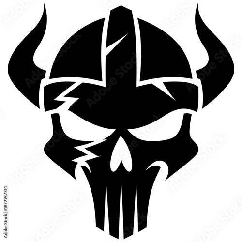 Vector Art Viking Skull Illustration with Battle Scars in Black and White High Contrast Design
