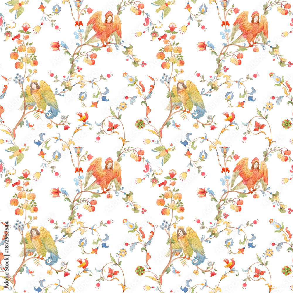 Fototapeta premium Whimsical Slavic mythology seamless pattern featuring the Alkonost, a legendary bird with a human face from Russian folklore. Vintage fairytale illustration with ornate branches and floral motifs