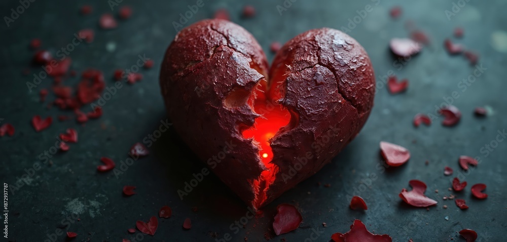 Fototapeta premium Red heart object broken into two parts, with internal red light glowing. Scattered red petals surround damaged symbol of love and sadness. Emotional concept of heartbreak. Loss and pain visualized.