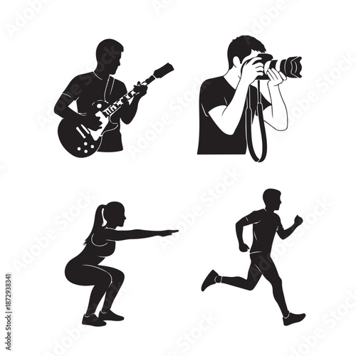 Silhouettes of people exercising and engaging in hobbies in dynamic poses with bold black shapes on white background for fitness and lifestyle graphics