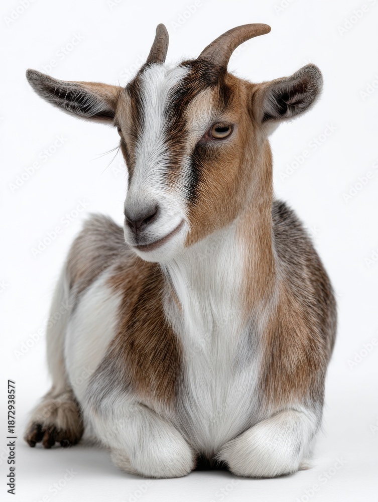 Fototapeta premium A goat is laying down on a white background