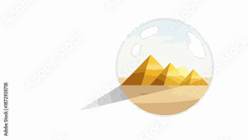 Geometric Egyptian pyramids illustration in a magnifying lens, featuring iconic ancient structures on sandy desert. This Egyptian pyramids design offers a conceptual element for travel.