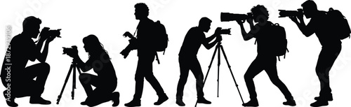 Silhouettes of Professional Male and Female Photographers with Cameras and Tripods Posing in Various Positions for Photoshoot Isolated on White Background