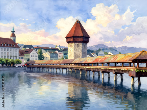 Watercolor painting depicting the Chapel Bridge (Kapellbrücke) in Lucerne, Switzerland at dawn. The image showcases the iconic covered wooden bridge with its distinctive Wasserturm