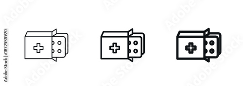 Medicine box with a pills blister pack icon in thin, regular, and bold outline styles. Clean outline style. Healthcare apps, pharmacy, medical websites, packaging, prescriptions, ui ux design. Vector