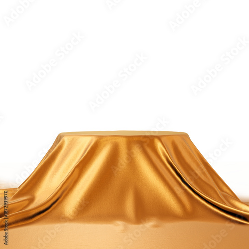 Elegance Unveiled: A pristine, golden cloth gracefully drapes over a raised platform, creating an atmosphere of anticipation and sophistication.